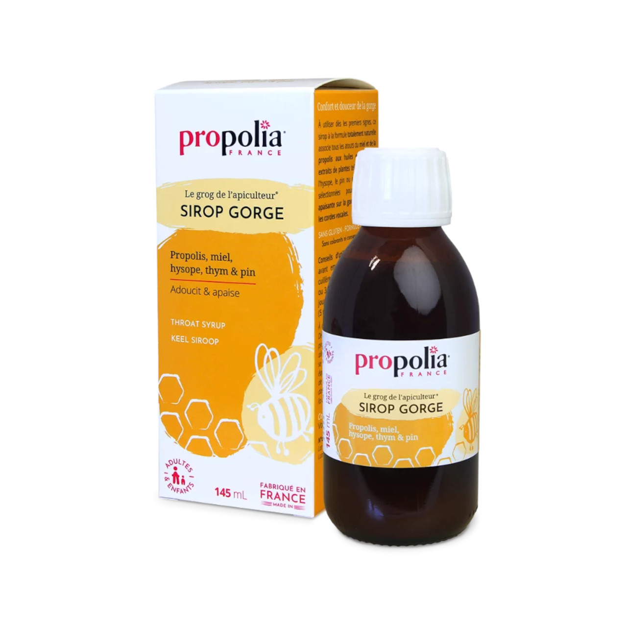 Flasche Halssirup mit Etikett und Umverpackung