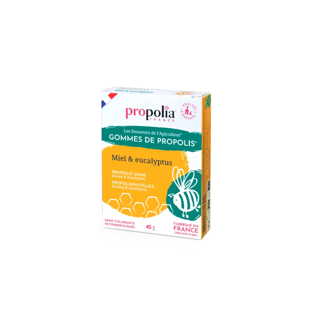 Lutschpastillen mit Honig, Propolis und Eukalyptus Verpackung Pastillen orange-grün