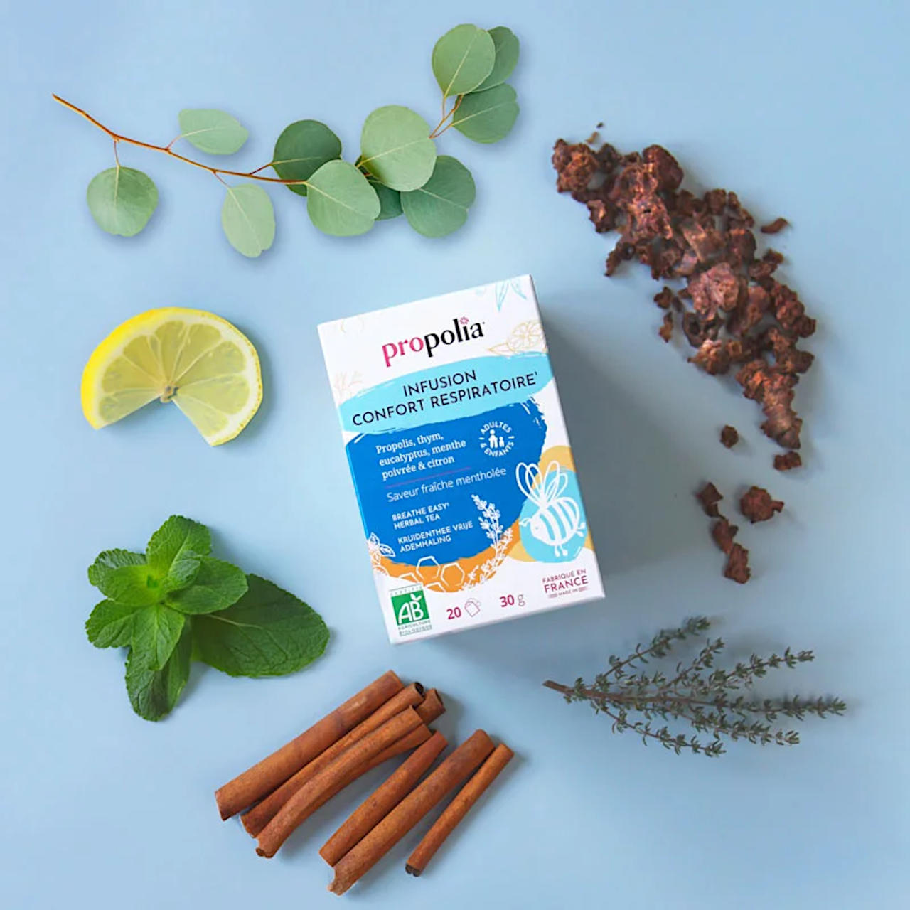 Der Kräutertee für Atemwegsbeschwerden besteht aus rein natürlichen Zutaten Foto der Zutaten: Pfefferminze, Zimt, Thymian, Eukalptus, Zitrone uu. a.