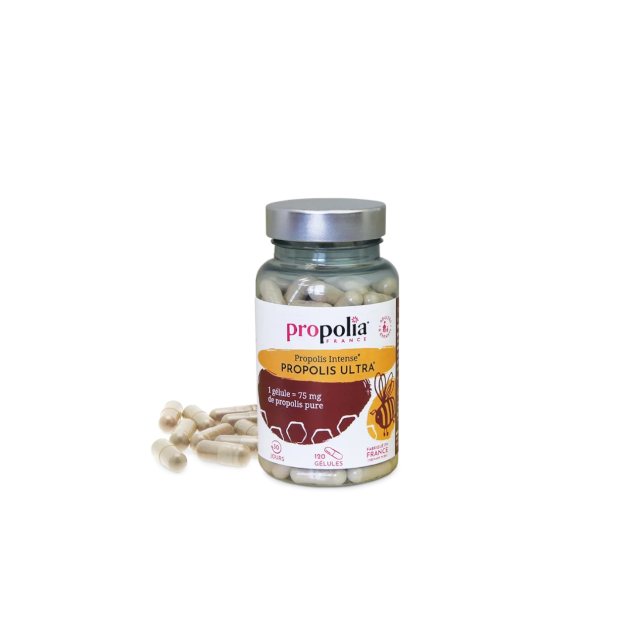 Kapseln mit reiner Propolis Dose mit Etikett, daneben Muster der Kapseln
