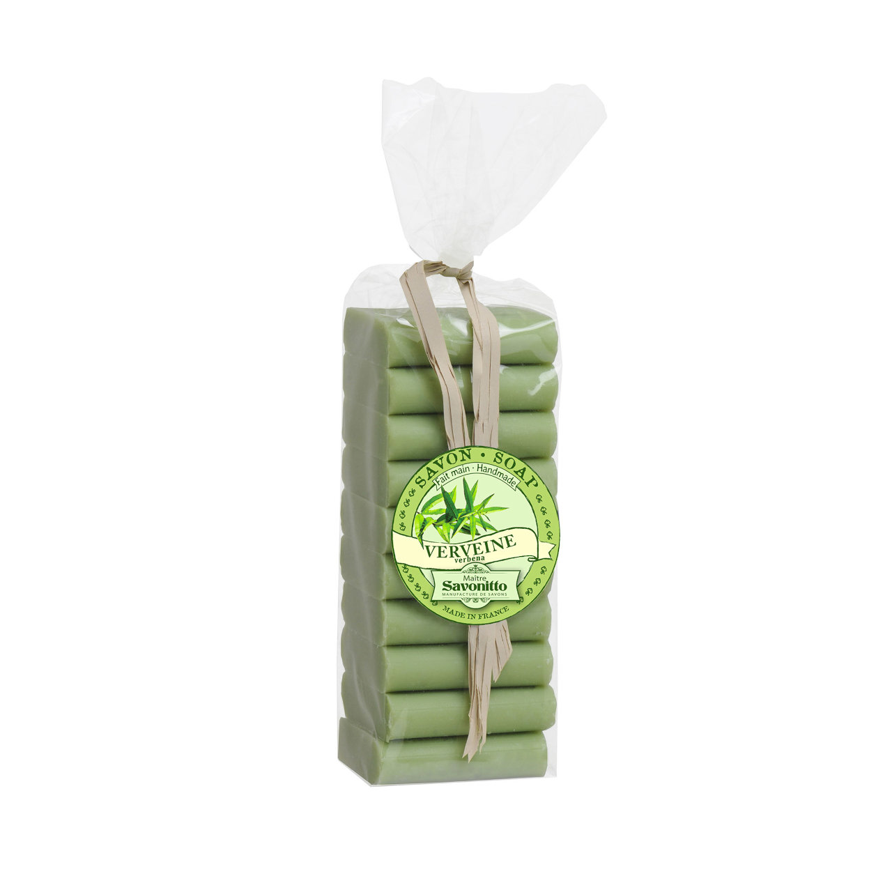 Mini- oder Gästeseife mit Zitronenverbenenduft, Beutel mit 10 Stück Mini-Zitronenverbenenseifen, hellgrün, 10 Stück übereinander im Beutel verpackt
