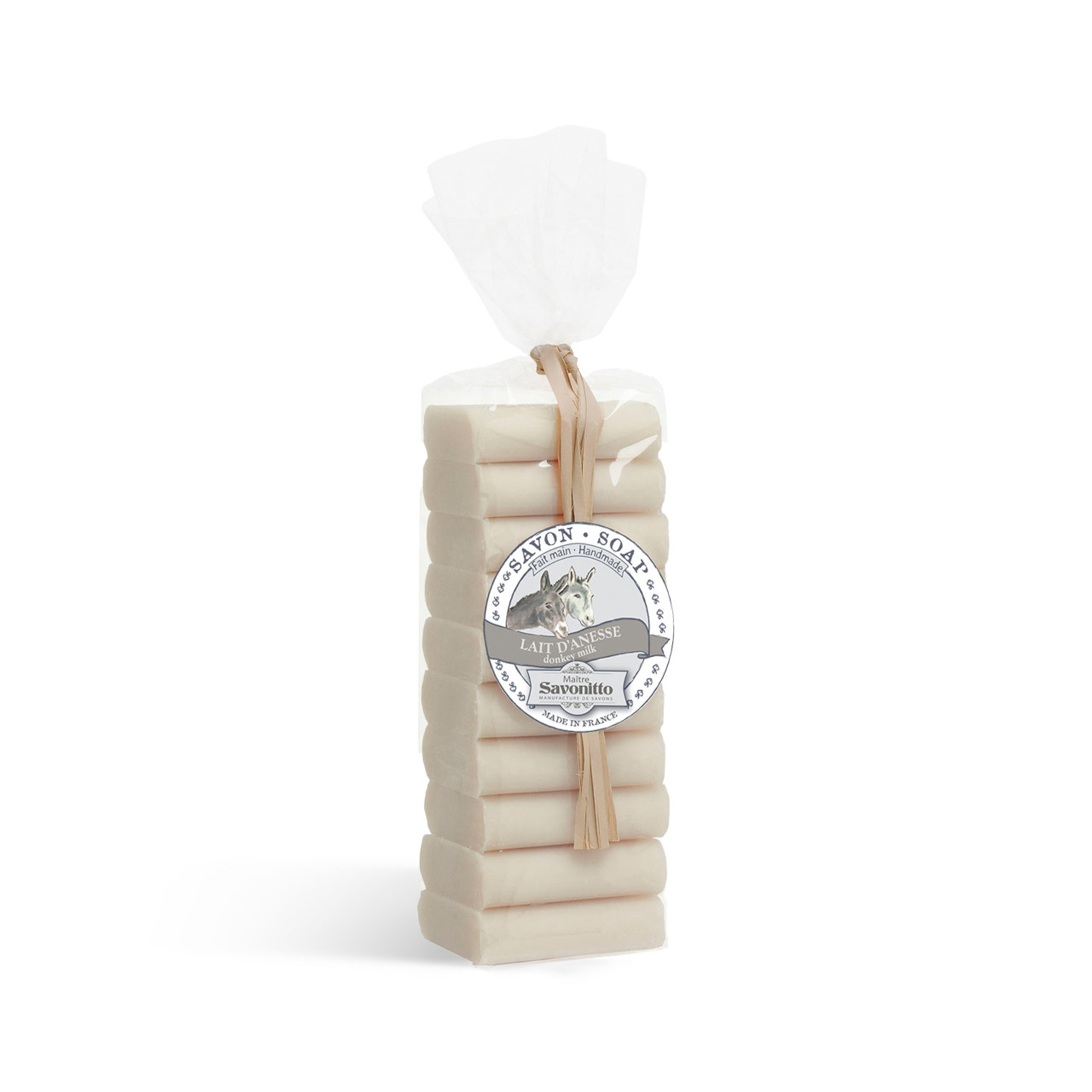 Mini- oder Gästeseife mit Eselsmilch, Beutel mit 10 Stück Mini-Eselsmilchseifen, cremeweiß, 10 Stück übereinander im Beutel verpackt