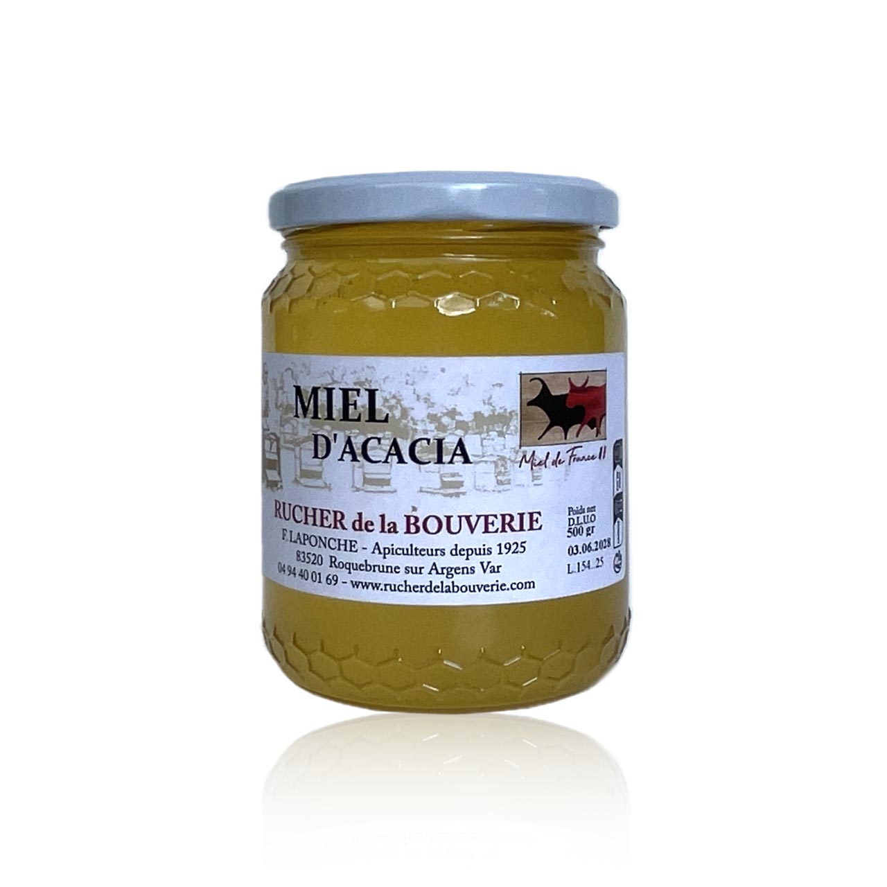 Akazienhonig, 500 g, Vorderseite Akazienhonig mit Etikett Rucher de la Bouverie, goldgelb