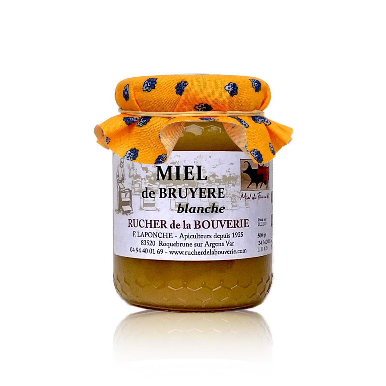 Baumheidehonig mit gelbem, provenzalisch gemustertem Stoffdekor und Bastschleife
