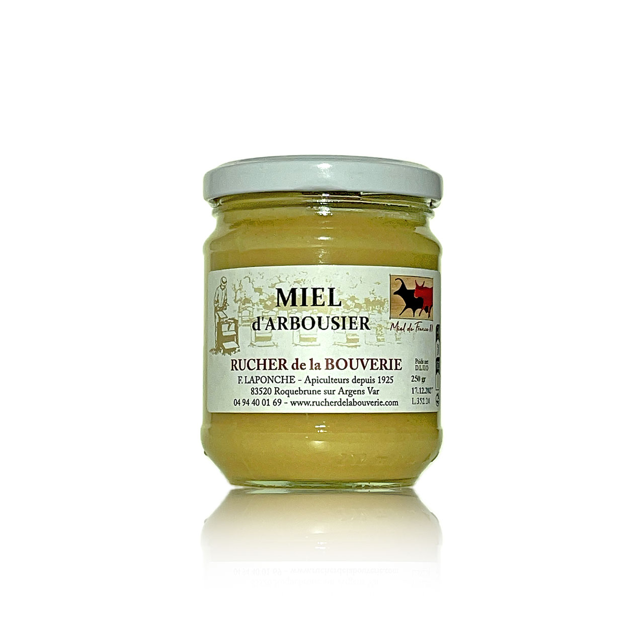 Erdbeerbaumhonig 250 g, Vorderansicht mit Etikett