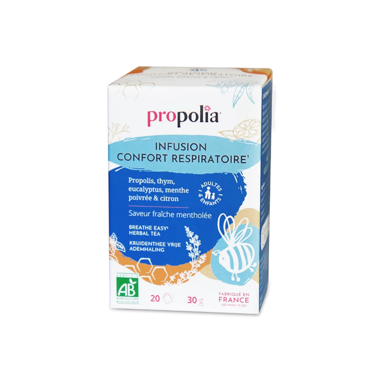 Kräutertee für Atemwegsbeschwerden Atemwegs-Tee, Propolia Umverpackung weiß und blau