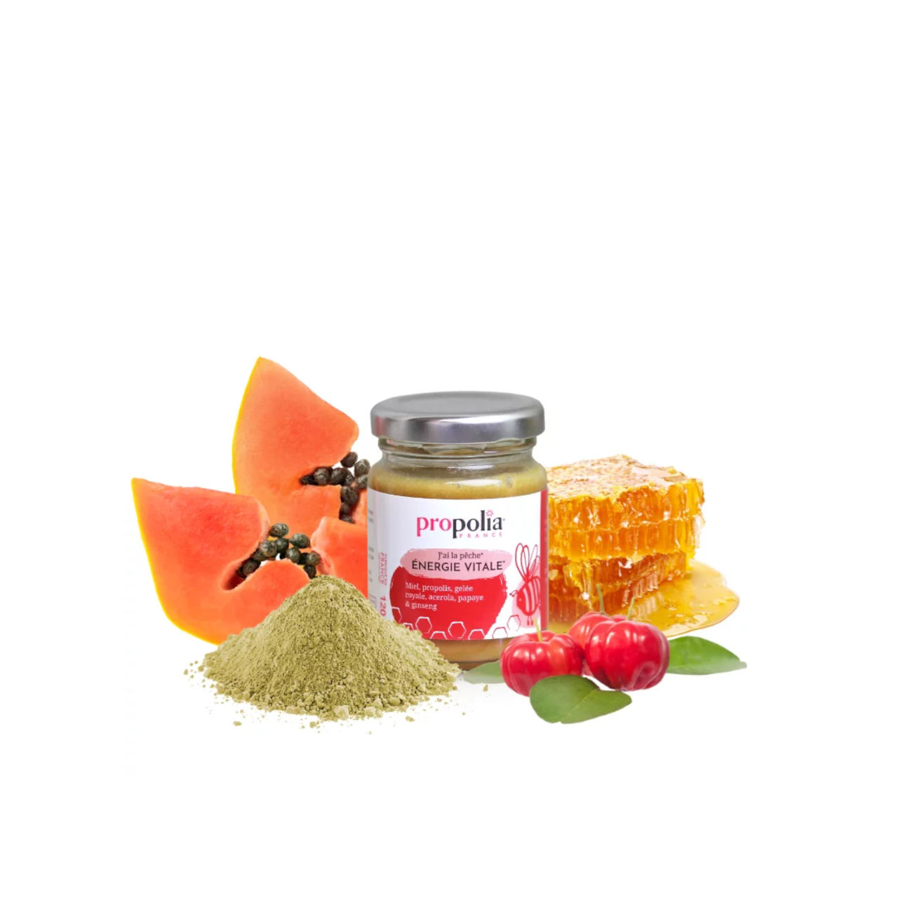 Energie Vitale mit Propolis, Gelée Royale, Acerola, Papaya und Ginseng Glas Energie Vitale, daneben Zutaten