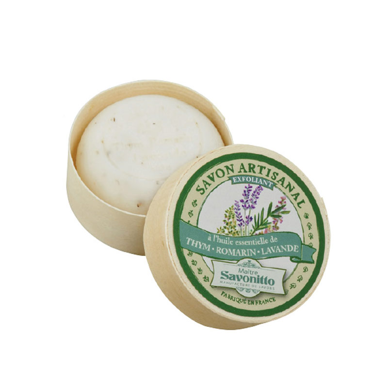 Lavendel-Thymian-Rosmarin-Seife in Spanschachtel, geöffnet
