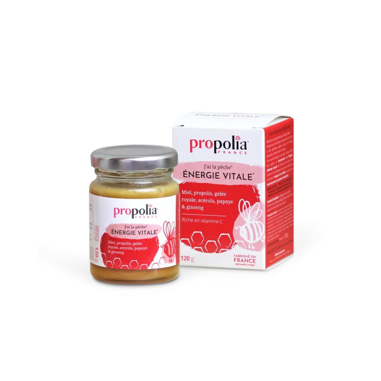 Honig-Propolis-Gelée-Royale-Mischung Energie Vitale Glas mit Propolia-Etikett und Umverpackung aus Karton