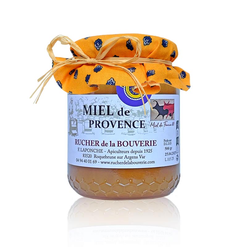 PRO_500g_2023_front_spieg_tissu-jaune_800p Provence-Honig mit Stoffdekor gelb
