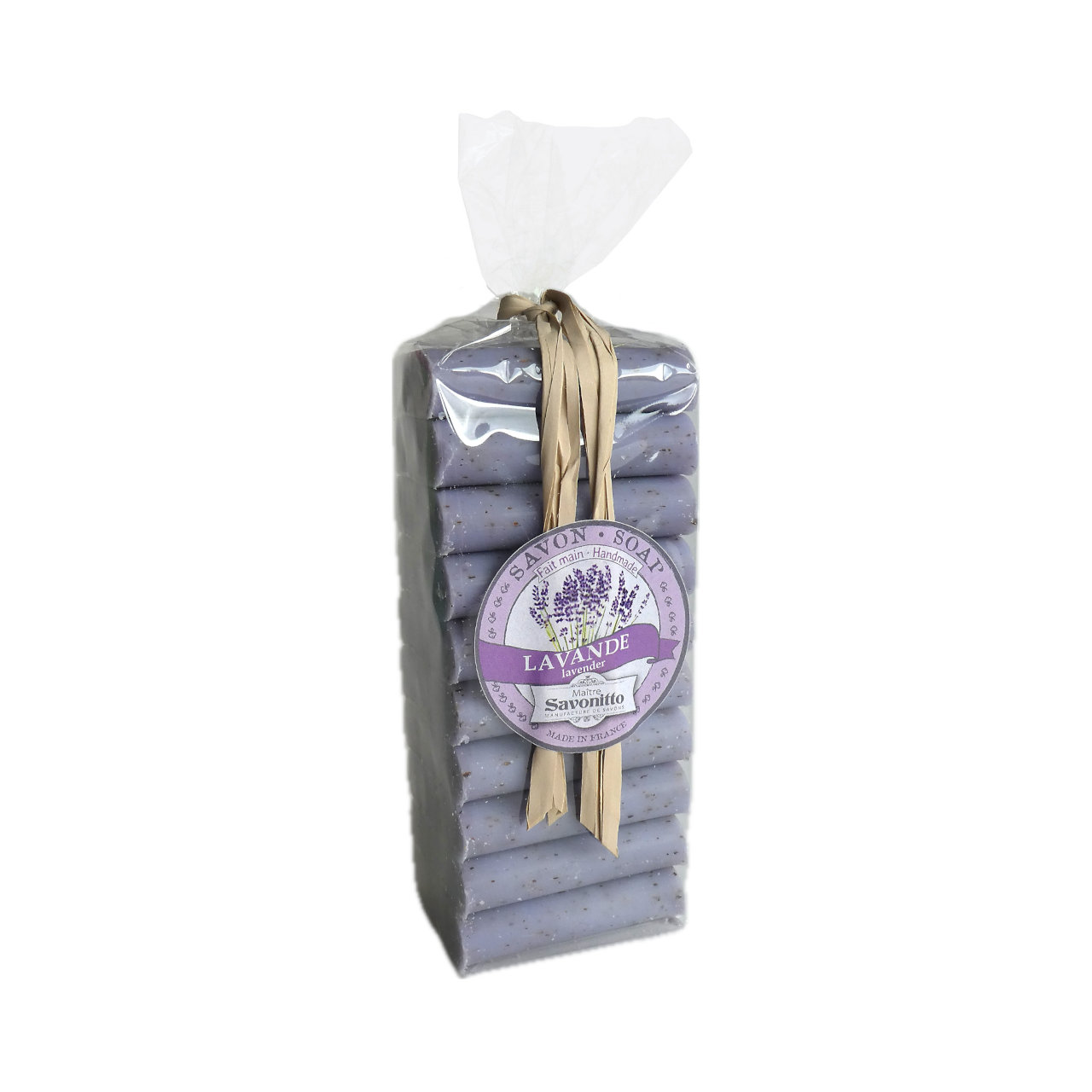 Mini- oder Gästeseife mit Lavendelduft, Beutel mit 10 Stück Mini-Lavendelseifen, hellviolett, 10 Stück übereinander im Beutel verpackt