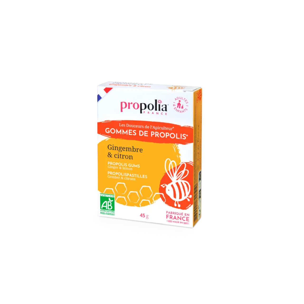 Lutschpastillen mit Propolis, Ingwer und Zitrone Verpackung orange/rot