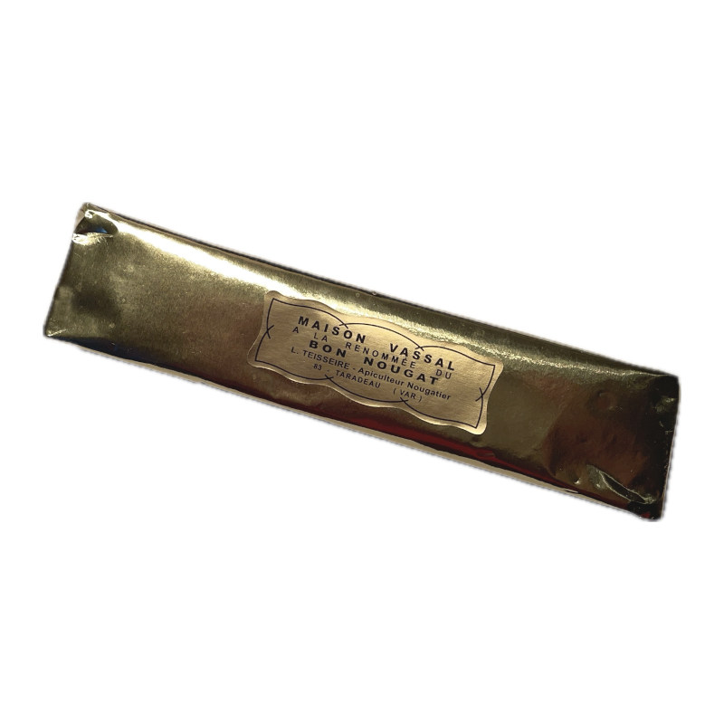 Nougat schwarz, Originalverpackung Nougat schwarz in Goldfolie