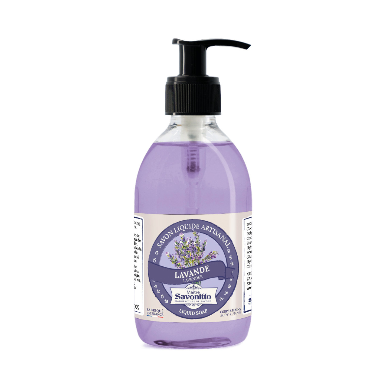 Flüssigseife Lavendel, Vorderansicht Durchsichtige Flasche mit Spender, Inhalt Ziegenmilchseife, lavendelfarben