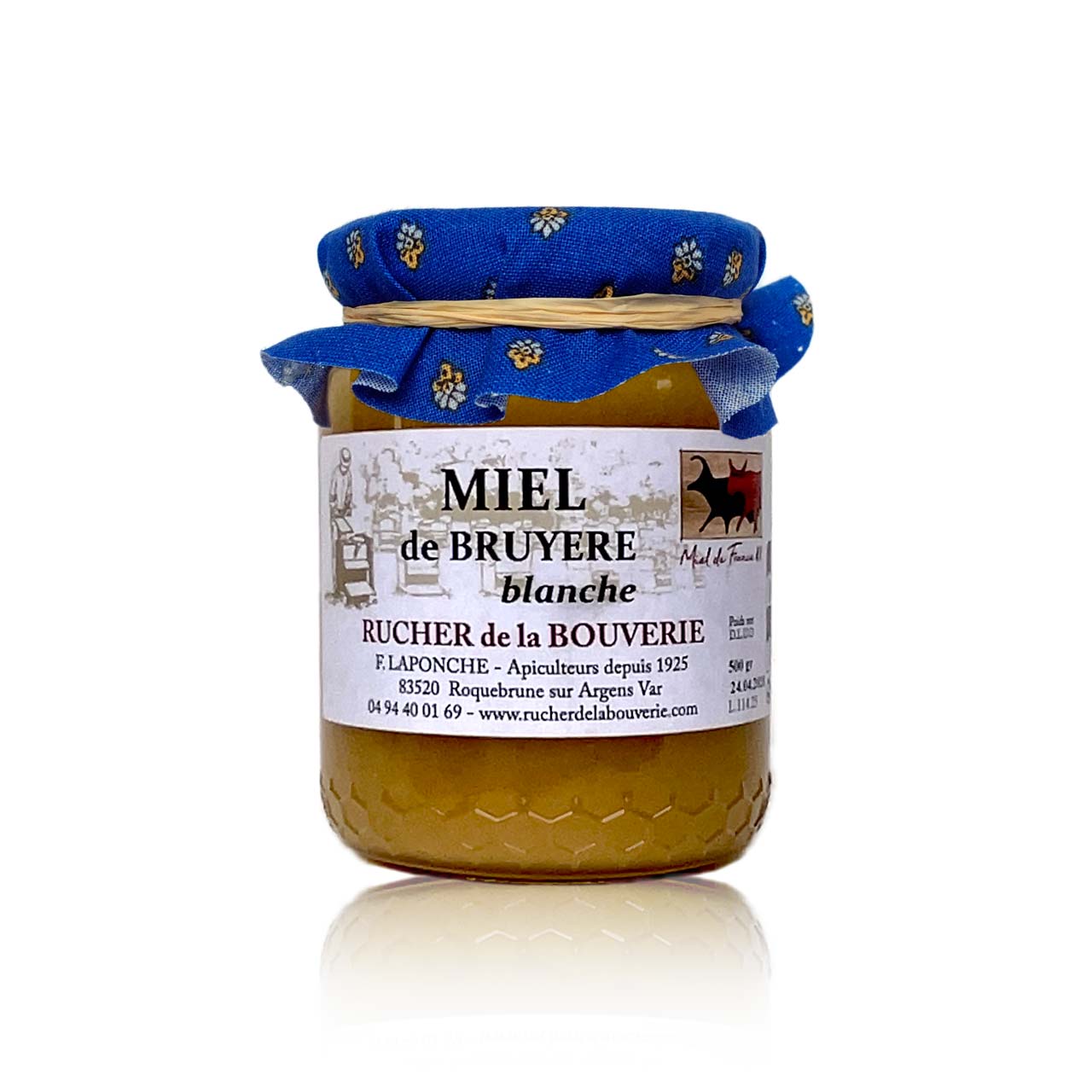 Baumheidehonig mit blauem, provenzalisch gemustertem Stoffdekor und Bastschleife