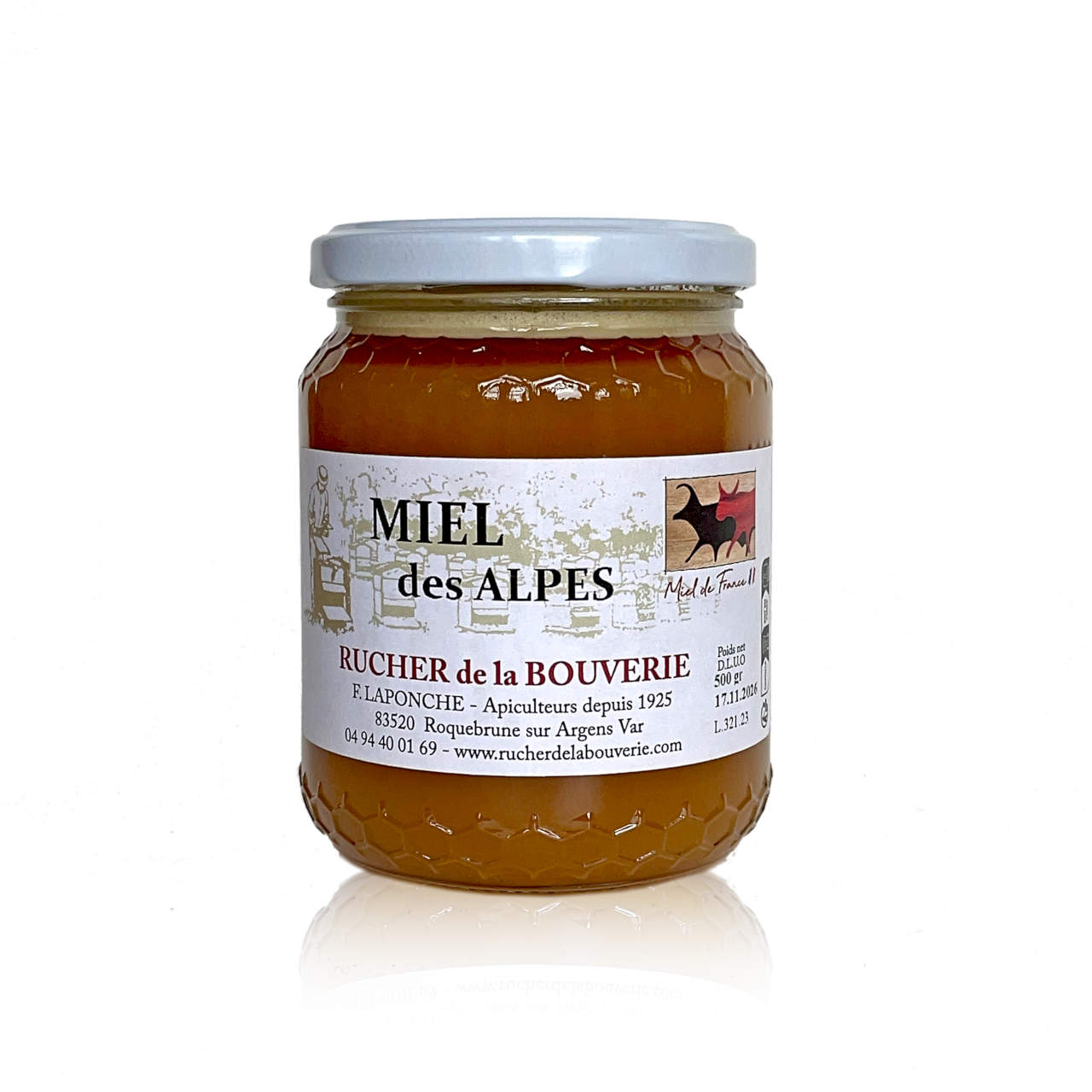 Alpenhonig 500 g, Vorderseite Alpenhonig Rucher de la Bouverie, Vorderseite mit Etikett
